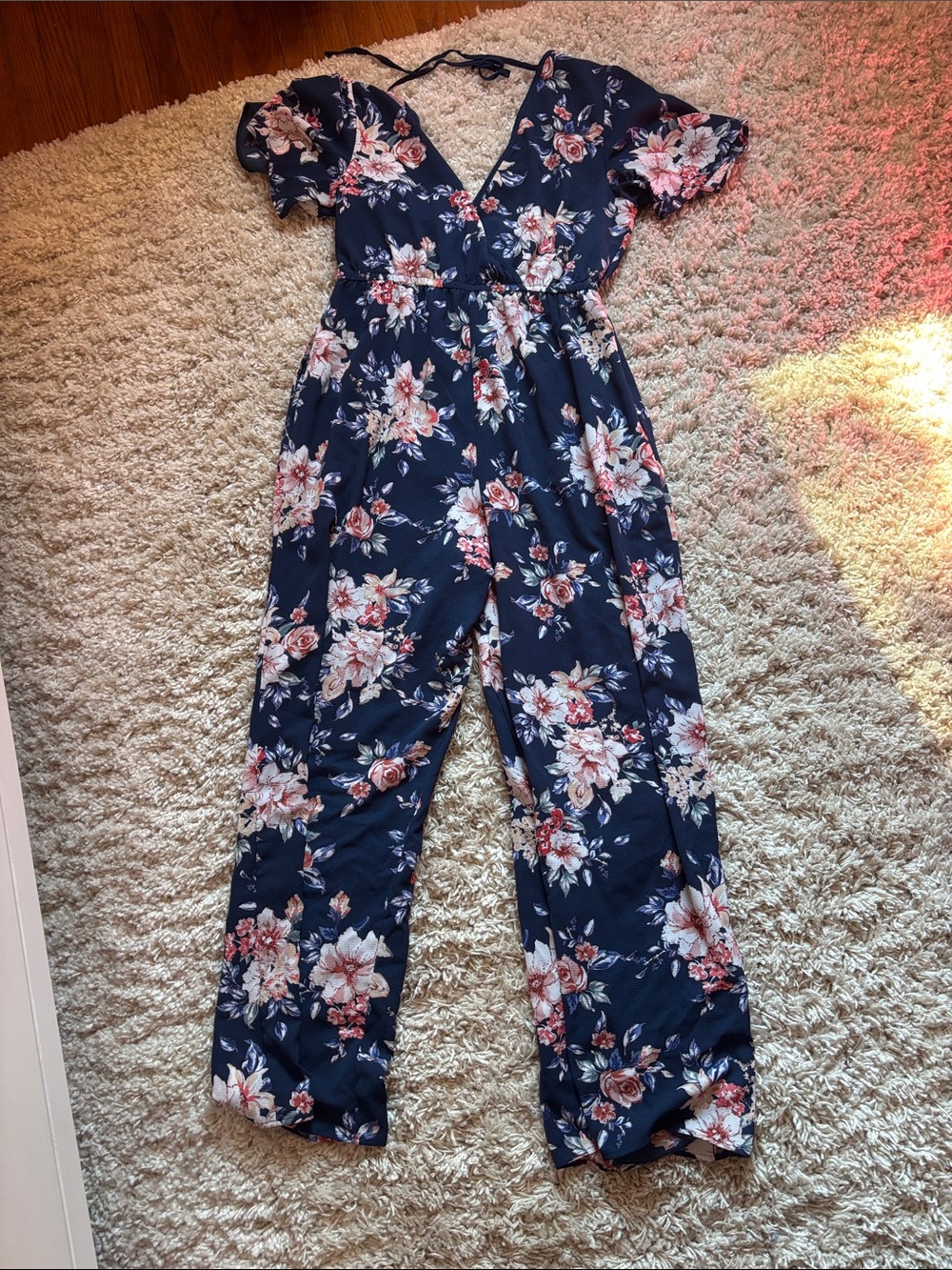 Xhilaration Navy Floral V-Neck Short Sleeve Jumpsuit